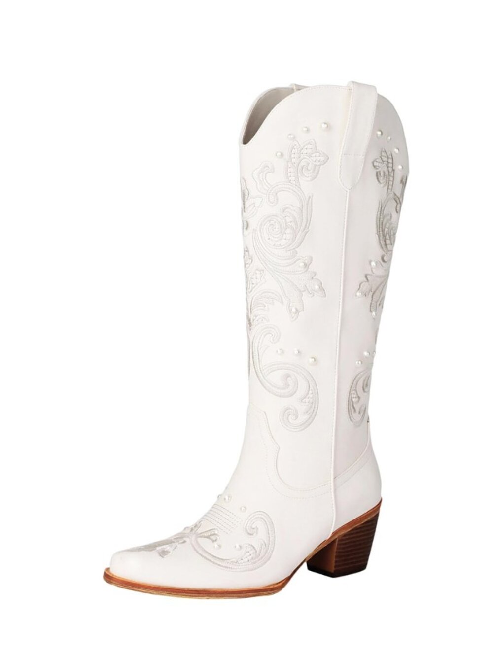 Cowboy Boots for Women Pearl Embroidered Cowgirl Boots Western Chunky Heel Mid